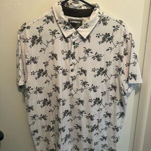 Express Black and White Polo Shirt with Tropical Print